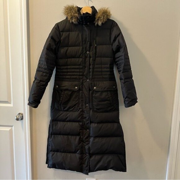 DKNY Black Long Down Puffer Coat Fur Trim Hood Hooded Winter Parka Sz Small - Picture 2 of 16